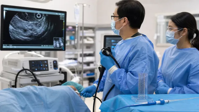 Representative image of an advanced endoscopic ultrasound-guided gastrointestinal drainage procedure, reflecting TaeWoong Medical USA’s FDA-cleared SPAXUS stent and the growing role of minimally invasive therapeutic EUS in pancreatic pseudocyst, walled-off necrosis, and high-risk gallbladder drainage care.