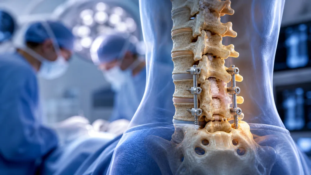 Representative image of lumbar spinal fusion surgery and bone regeneration technology, illustrating Theradaptive’s OsteoAdapt SP pivotal OASIS trial and its potential role in advancing next-generation orthobiologics for degenerative spinal disease.