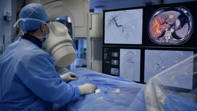 Representative image of an interventional radiology procedure for liver-directed cancer therapy, highlighting how TriSalus Life Sciences’ PREDICTT trial could test whether pressure-enabled drug delivery improves Y90 radioembolization targeting in liver tumors.