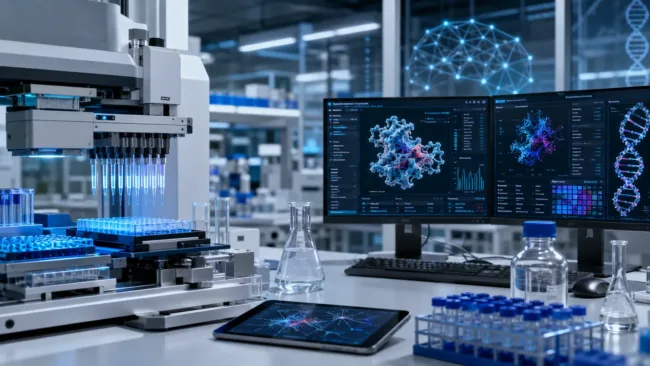 Representative image of an AI-enabled biotechnology lab, illustrating how the LenioBio and Twist Bioscience partnership could accelerate protein expression, wet-lab validation, and next-generation AI drug discovery workflows.
