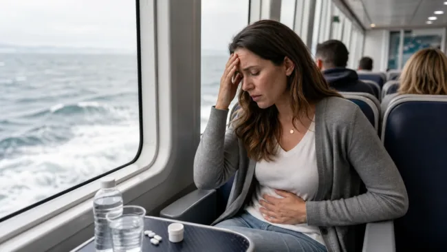 Representative image: A ferry passenger experiencing motion sickness, reflecting Vanda Pharmaceuticals Inc.’s U.S. launch of NEREUS as a new prescription treatment option for adults with vomiting induced by motion.