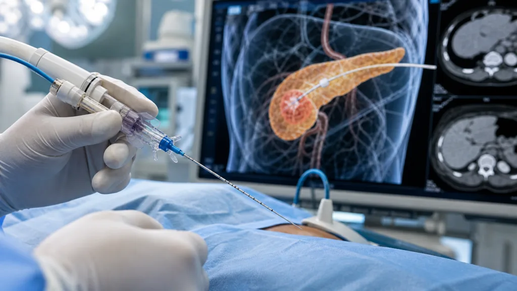 Representative image of a microneedle catheter concept for targeted intratumoral drug delivery in pancreatic cancer, reflecting Vector Science & Therapeutics’ early-stage research into localized oncology treatment platforms.