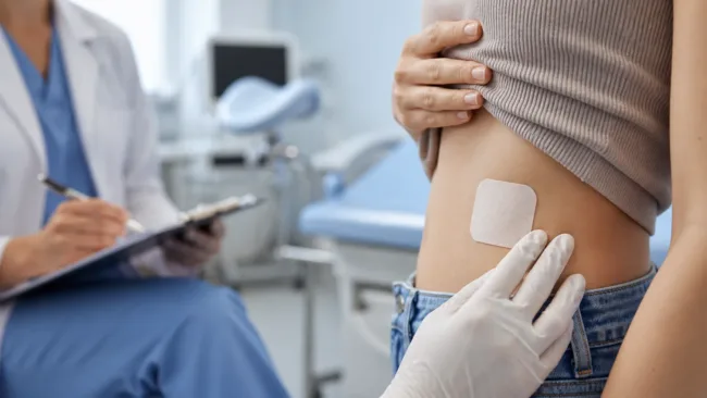 Representative image of a weekly contraceptive patch being assessed in a clinical setting, reflecting Viatris Inc.’s MR-100A-01 data update as the FDA review places low-dose estrogen transdermal contraception back in focus.