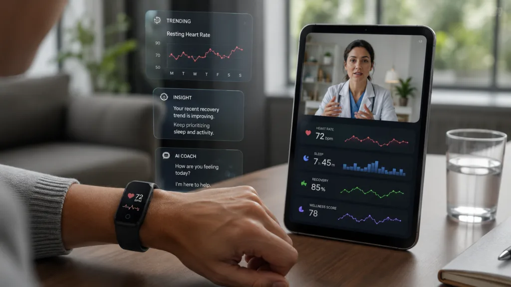 Representative image: A wearable health platform displays biometric trends, AI coaching insights, and a virtual clinician consultation, reflecting WHOOP’s push into connected digital health, on-demand clinical support, and personalized wellness intelligence.