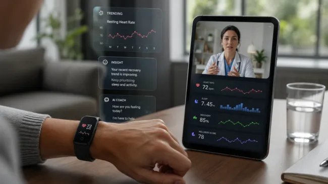 Representative image: A wearable health platform displays biometric trends, AI coaching insights, and a virtual clinician consultation, reflecting WHOOP’s push into connected digital health, on-demand clinical support, and personalized wellness intelligence.