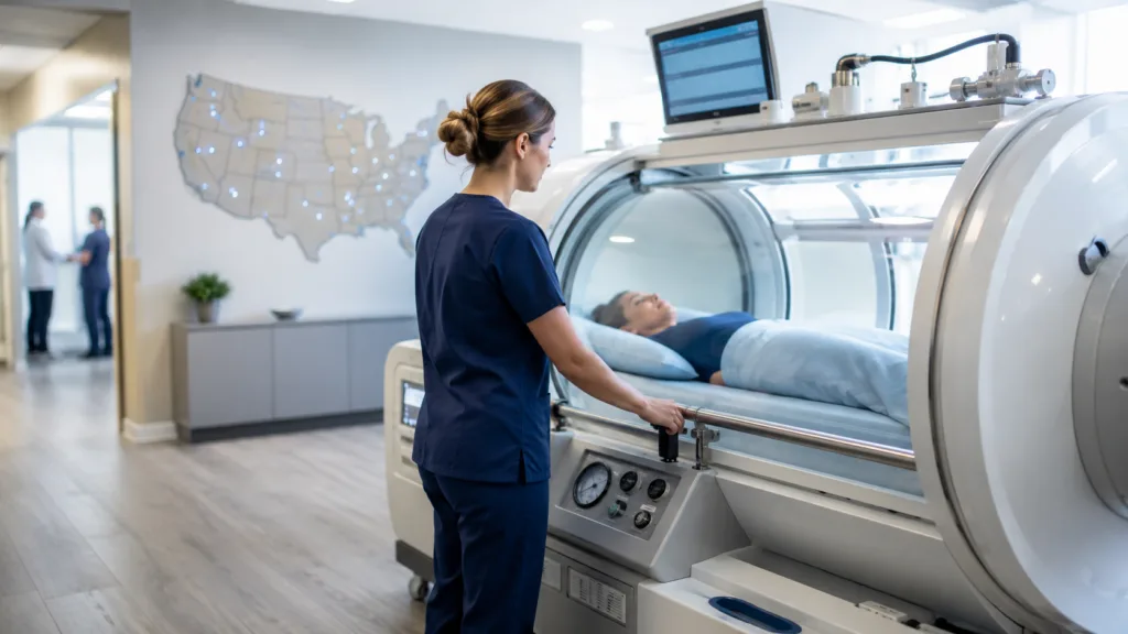 Representative image of a medical-grade hyperbaric oxygen therapy chamber in a clinical setting, reflecting MD Hyperbaric’s expansion into Texas, Nevada and New York as demand grows for HBOT, recovery medicine and outpatient healing services.
