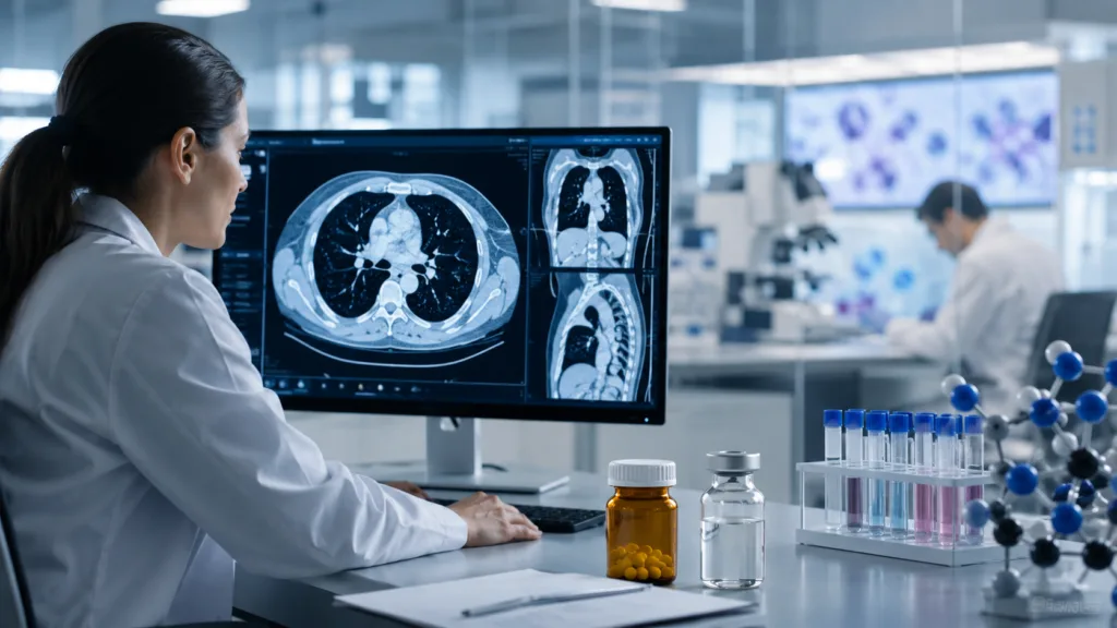 Representative image: A modern oncology research lab reviewing thoracic scan data, illustrating the clinical push behind Wenda Pharma’s NHWD-870 breakthrough therapy designation for advanced NUT carcinoma in China.