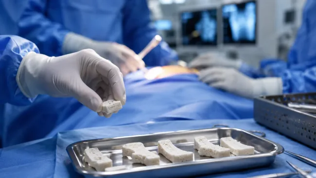 Representative image of shaped allograft implants prepared in a sterile surgical setting, reflecting Xtant Medical’s Trivium Shaped launch and the growing focus on workflow efficiency in spine and orthopedic procedures.
