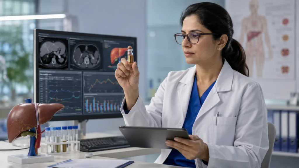 Representative image of liver disease drug research and clinical data analysis. Zydus’ FDA Priority Review for saroglitazar highlights the growing treatment competition in primary biliary cholangitis.