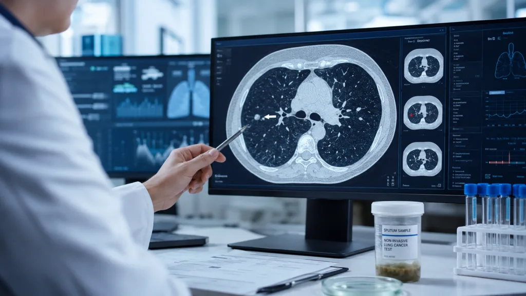 Representative image of a clinician reviewing lung CT scans and noninvasive sputum-based testing, as bioAffinity Technologies reports rising CyPath Lung adoption and growing interest in early lung cancer diagnostic tools.