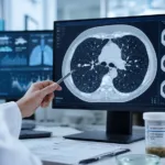 Representative image of a clinician reviewing lung CT scans and noninvasive sputum-based testing, as bioAffinity Technologies reports rising CyPath Lung adoption and growing interest in early lung cancer diagnostic tools.