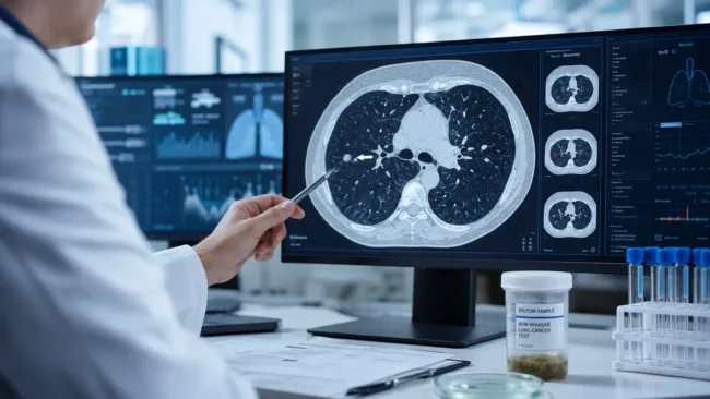 Representative image of a clinician reviewing lung CT scans and noninvasive sputum-based testing, as bioAffinity Technologies reports rising CyPath Lung adoption and growing interest in early lung cancer diagnostic tools.