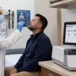 A clinician performs a nasal swab beside a compact molecular testing system as AMDI’s sub-10-minute Fast PCR platform targets faster influenza, RSV and COVID-19 diagnosis in urgent-care settings. Representative image.
