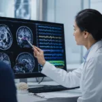 A neurologist reviews brain MRI and EEG data as uniQure’s AMT-260 gene therapy is investigated as a potential one-time treatment for drug-resistant temporal lobe epilepsy. Representative image.