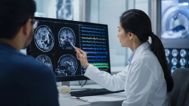 A neurologist reviews brain MRI and EEG data as uniQure’s AMT-260 gene therapy is investigated as a potential one-time treatment for drug-resistant temporal lobe epilepsy. Representative image.