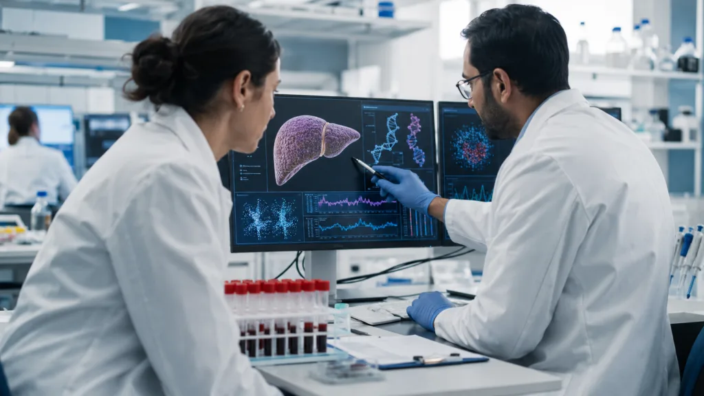 Representative image of scientists reviewing liver biomarker and RNA-editing data as ProQR Therapeutics advances AX-0810 and AX-0811 in the race to develop a treatment for biliary atresia.