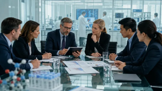 Biopharma executives review acquisition documents as AbbVie reportedly nears a $10.9 billion deal for Apogee Therapeutics and its Phase 3-ready eczema drug zumilokibart. Representative image.