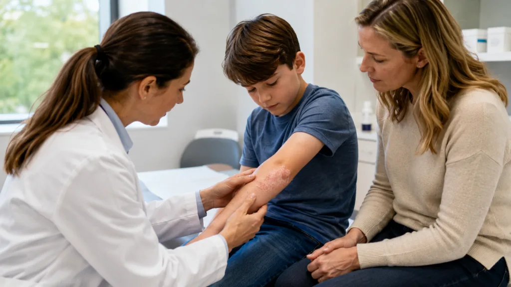 Representative image: A clinician examines a child with visible psoriasis symptoms as AbbVie’s Skyrizi gains FDA approval for pediatric plaque psoriasis and psoriatic arthritis.