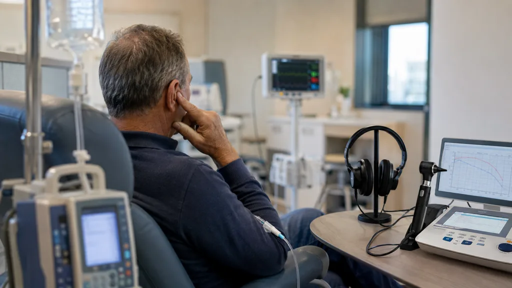 Representative image of an oncology infusion and hearing assessment setting, illustrating Acousia Therapeutics’ bimokalner research into preventing cisplatin-induced hearing loss in cancer patients.