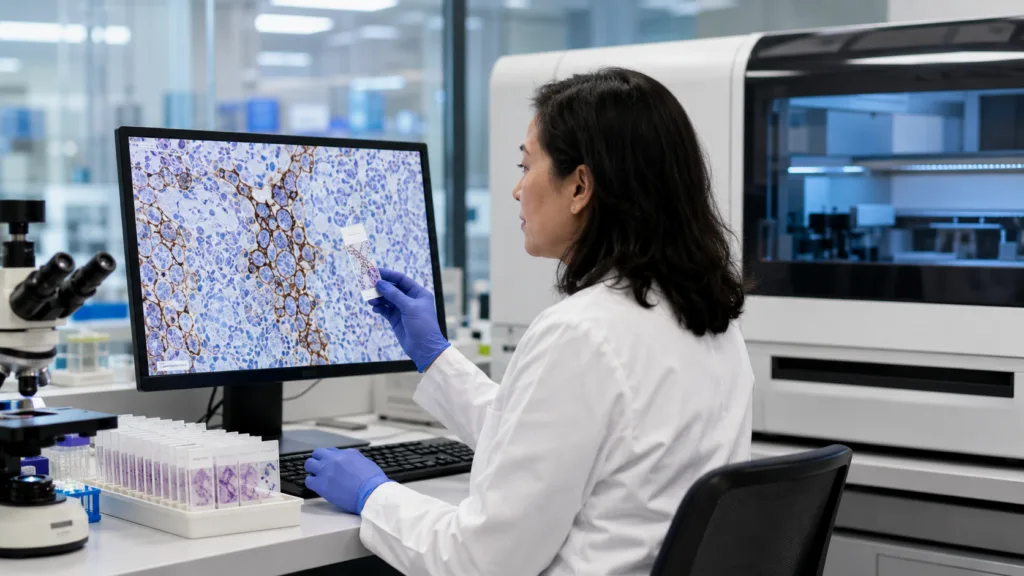 Representative image of a modern pathology laboratory where automated PD-L1 cancer diagnostic testing is supporting faster immuno-oncology treatment decisions, reflecting Agilent Technologies’ expanded FDA approval for PD-L1 IHC 22C3 pharmDx on the Dako Omnis platform.