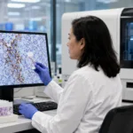 Representative image of a modern pathology laboratory where automated PD-L1 cancer diagnostic testing is supporting faster immuno-oncology treatment decisions, reflecting Agilent Technologies’ expanded FDA approval for PD-L1 IHC 22C3 pharmDx on the Dako Omnis platform.