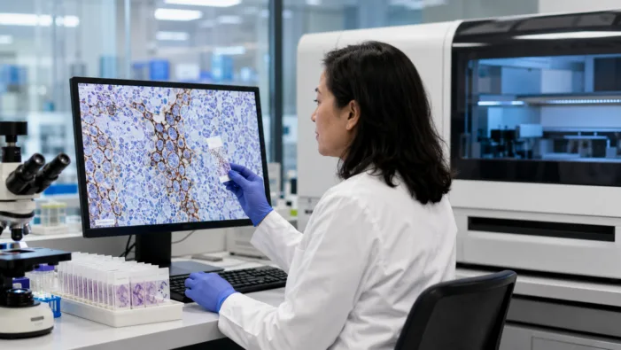 Representative image of a modern pathology laboratory where automated PD-L1 cancer diagnostic testing is supporting faster immuno-oncology treatment decisions, reflecting Agilent Technologies’ expanded FDA approval for PD-L1 IHC 22C3 pharmDx on the Dako Omnis platform. Agilent wins FDA backing to move more Keytruda-linked PD-L1 testing onto Dako Omnis