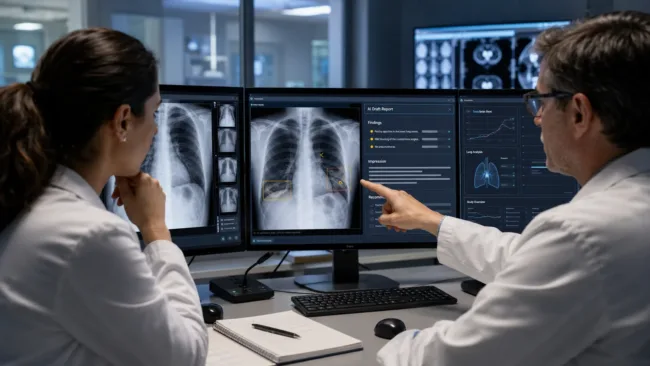 Representative image of radiologists reviewing chest X-rays and AI-generated report findings as Aidoc’s First Read advances through the FDA Breakthrough Devices Program.