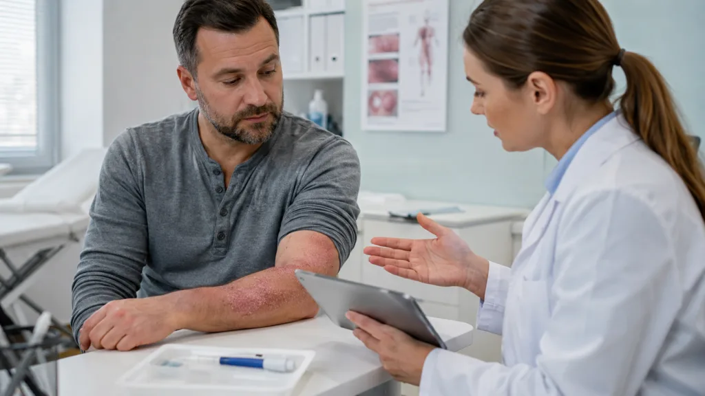 Representative image: A dermatologist discusses plaque psoriasis treatment with a patient, reflecting Akeso’s gumokimab approval and the intensifying IL-17 biologics race in China’s autoimmune disease market.