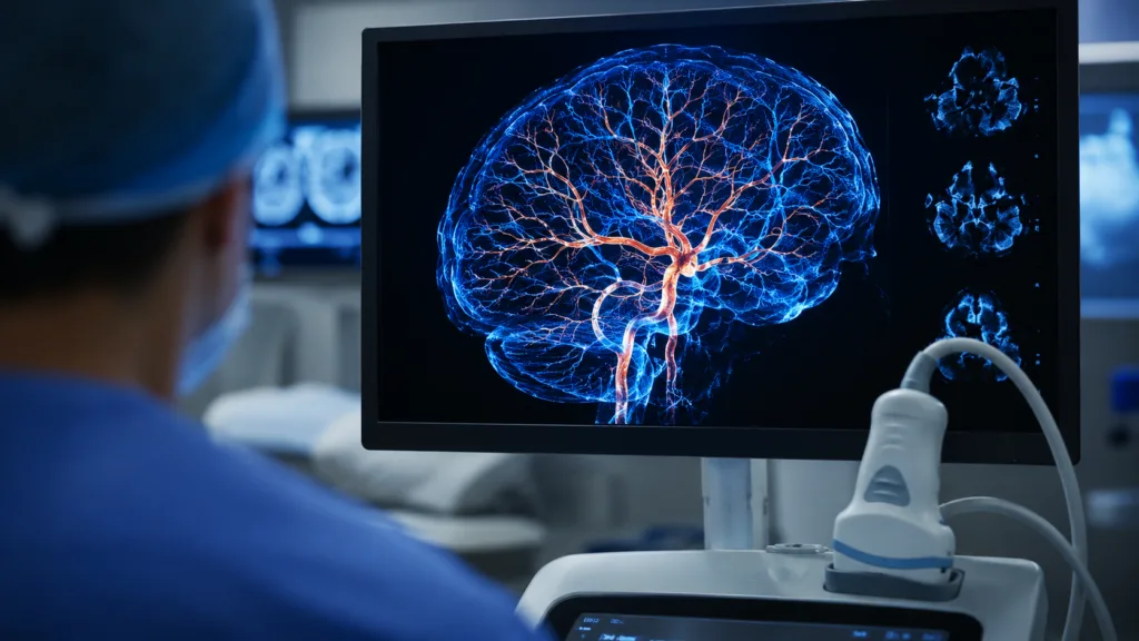 Representative image: Aleph Neuro’s high-resolution brain imaging breakthrough highlights how Butterfly Network’s Ultrasound-on-Chip technology could advance non-invasive transcranial neurovascular imaging.