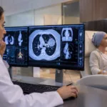 Representative image of an oncologist reviewing lung cancer scans in a modern treatment room, reflecting Amgen’s European approval for Imdylltra and the growing shift toward bispecific antibody therapies for extensive-stage small cell lung cancer.