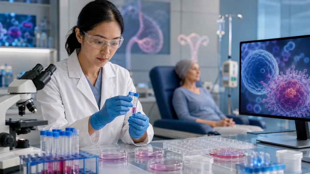 Representative image: Cancer immunotherapy research advances as Anixa Biosciences evaluates its breast cancer vaccine and lira-cel CAR-T therapy in early-stage clinical trials.