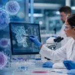 Representative image: Biomedical researchers analyse immune-cell data in a laboratory setting, reflecting the scientific focus behind Antengene’s ATG-207 preclinical autoimmune therapy program and its CD3 and TGF-beta fusion approach.