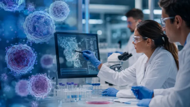 Representative image: Biomedical researchers analyse immune-cell data in a laboratory setting, reflecting the scientific focus behind Antengene’s ATG-207 preclinical autoimmune therapy program and its CD3 and TGF-beta fusion approach.