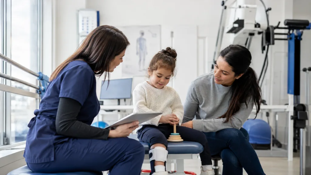 Representative image of a pediatric therapy consultation, illustrating how Biogen’s salanersen breakthrough therapy designation could shape the next phase of spinal muscular atrophy treatment and rare neurology care.