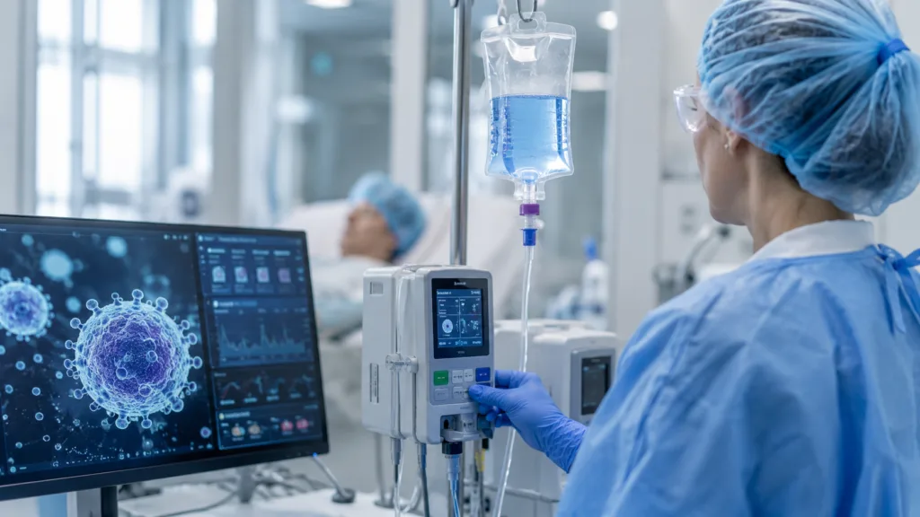 Representative image of advanced CAR T-cell therapy research and infusion monitoring, reflecting CARsgen Therapeutics’ CT0596 and CT1190B data in multiple myeloma and B-cell lymphoma.