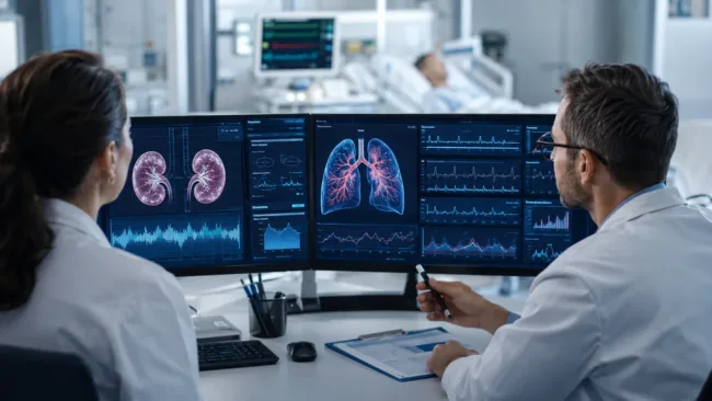 Representative image of clinical researchers analysing kidney and respiratory data as CalciMedica redesigns the Auxora KOURAGE trial following a mortality imbalance.