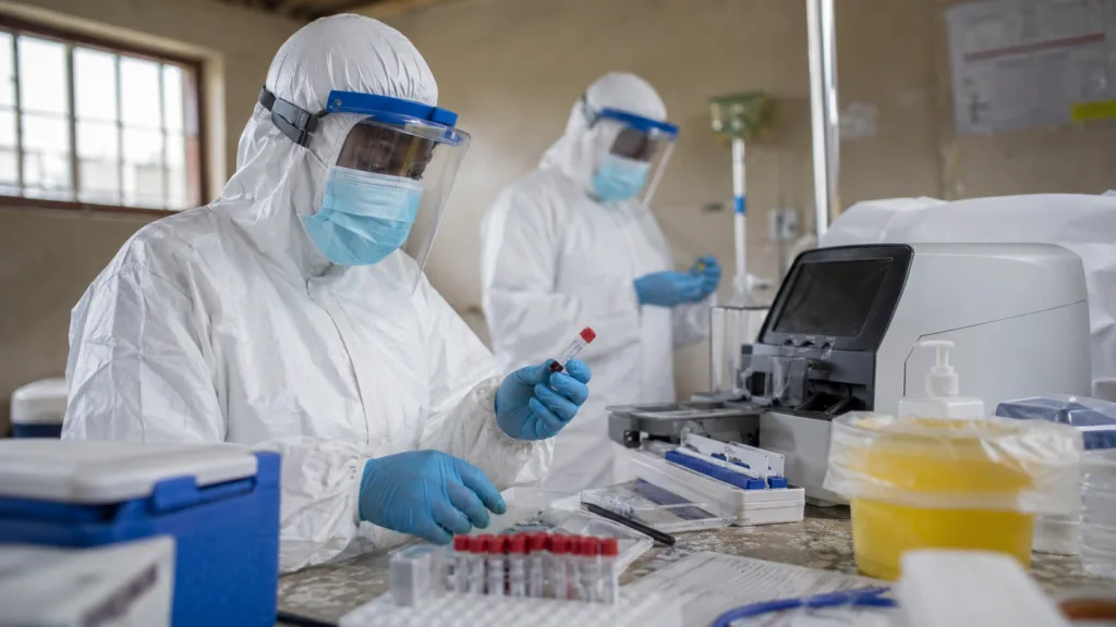 Representative image of protected laboratory workers conducting rapid molecular testing, illustrating Cepheid’s Xpert Hemorrhagic Fever panel deployment to address Ebola Bundibugyo diagnostic gaps in Africa.