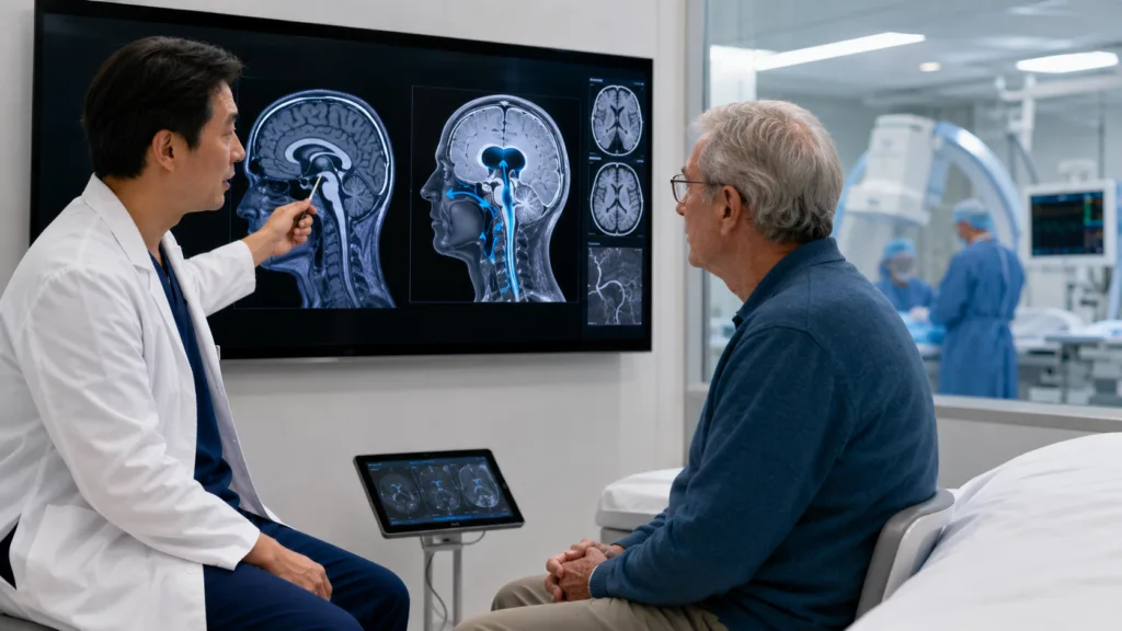 Representative image of a neurology consultation for normal pressure hydrocephalus, illustrating how CereVasc’s eShunt System could advance minimally invasive treatment beyond traditional shunt surgery.