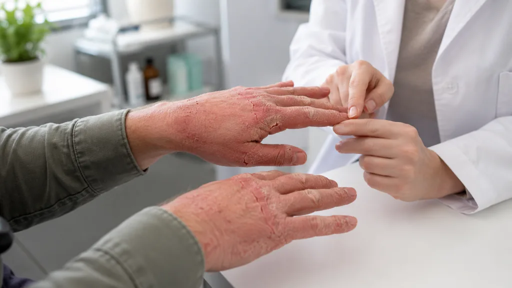 Representative image: A dermatologist examines chronic hand eczema as LEO Pharma’s ESCD 2026 data highlight the condition’s impact on work, school participation and daily life.