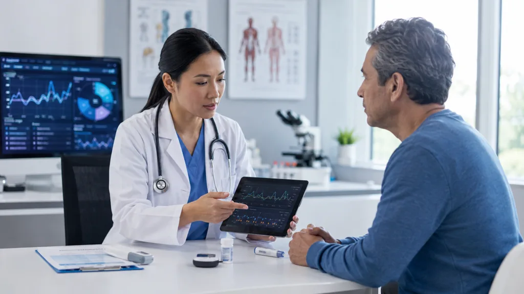 Representative image of a physician reviewing glucose trend data with a diabetes patient, reflecting Cirius Therapeutics’ CIR-0602K research and the growing search for new insulin-sensitizing therapies beyond GLP-1 drugs.