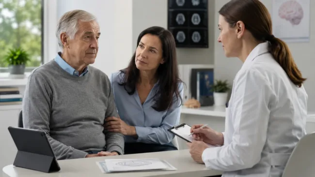 Representative image of a dementia care consultation, reflecting Cognition Therapeutics’ zervimesine development path for dementia with Lewy bodies psychosis and the search for new treatment options for hallucinations and delusions in DLB.