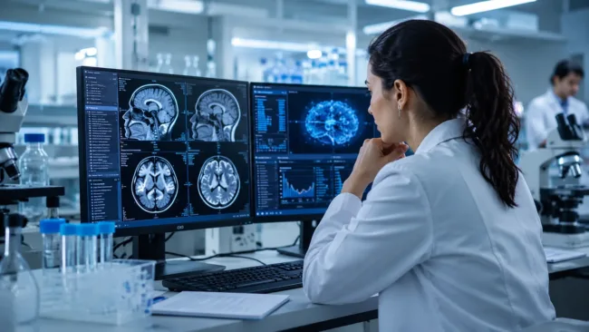 A scientist reviews brain imaging and neurological research data as Denali Therapeutics channels its $195 million FDA voucher proceeds into blood-brain barrier drug development and the TransportVehicle pipeline. Representative image.