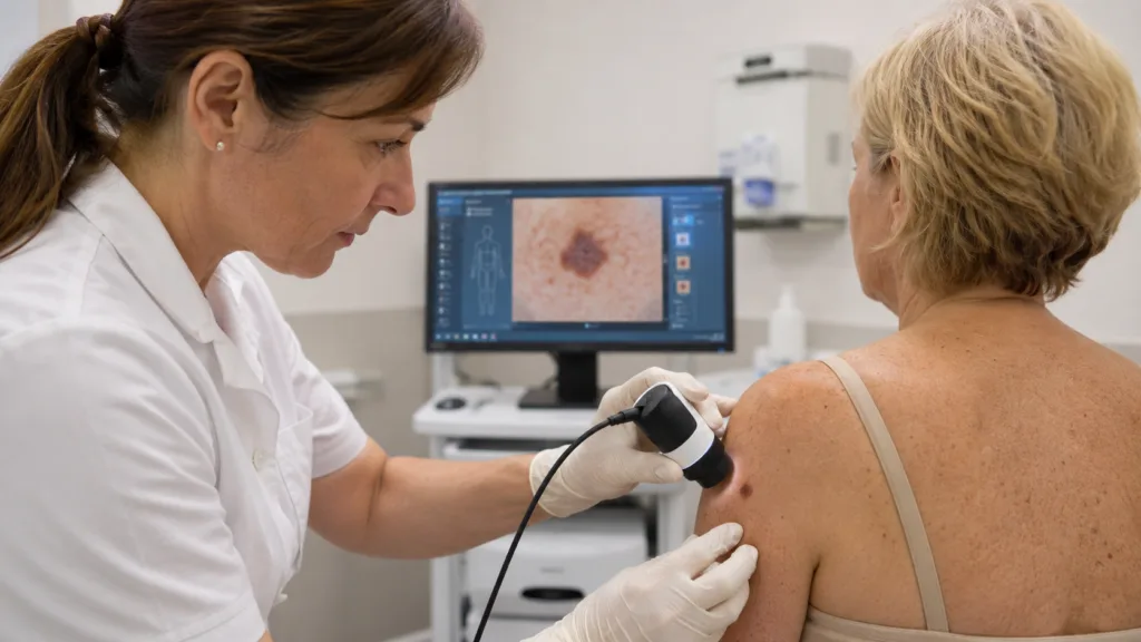 Representative image: A clinician uses a handheld skin assessment device, reflecting DermaSensor’s CE Mark and the growing role of AI-assisted skin cancer triage in European primary care.