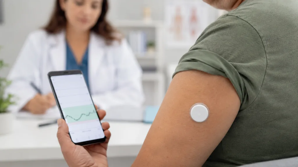 Representative image: A continuous glucose monitoring sensor and smartphone glucose trend display illustrate how Dexcom G7 could expand CGM use for adults with type 2 diabetes not using insulin after the CONNECT study.