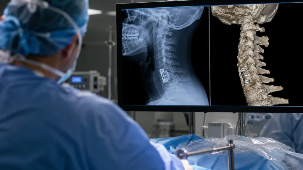 Representative image: A surgeon reviews cervical spine imaging in an operating room as Elevation Spine’s Saber-C platform surpasses 5,000 implantations, highlighting growing adoption of zero-profile cervical fusion technology.