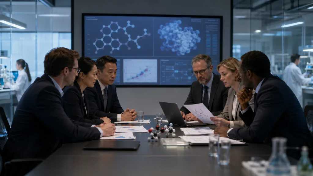 Representative image of pharmaceutical executives and scientists reviewing drug discovery data in a modern research setting, reflecting Eli Lilly and Haisco Pharmaceutical’s multi-program collaboration and the growing role of China-originated innovation in global pharma licensing.
