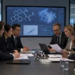 Representative image of pharmaceutical executives and scientists reviewing drug discovery data in a modern research setting, reflecting Eli Lilly and Haisco Pharmaceutical’s multi-program collaboration and the growing role of China-originated innovation in global pharma licensing.