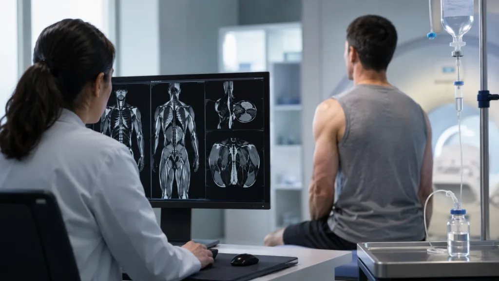 Representative image: A clinician reviews muscle MRI scans as Epicrispr Biotechnologies’ EPI-321 delivers early evidence of increased lean muscle volume in patients with facioscapulohumeral muscular dystrophy.