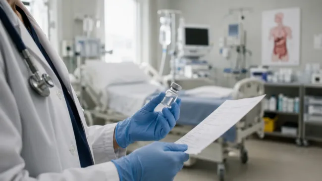 A clinician reviews an investigational treatment as MaaT Pharma prepares to challenge the negative European regulatory opinion on MaaT013 for acute graft-versus-host disease. Representative image.