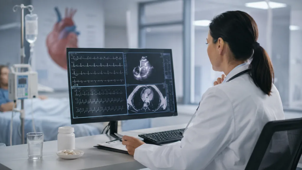 A cardiologist reviews heart imaging and ECG data as CureGene evaluates evategrel as a faster, more predictable antiplatelet alternative to clopidogrel for cardiovascular and stroke prevention. Representative image.